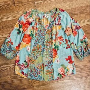 Anthropologie Fig & Flower Mint Green With Multicolor Print Blouse SZ Small